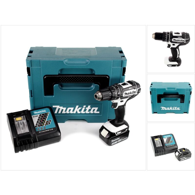 

Makita - DHP 482 RF1JW Taladro combinado de impacto inalámbrico 18 V Color blanco en maletín Makpac 2 + 1x Batería BL 1830 + Cargador DC 18 RC