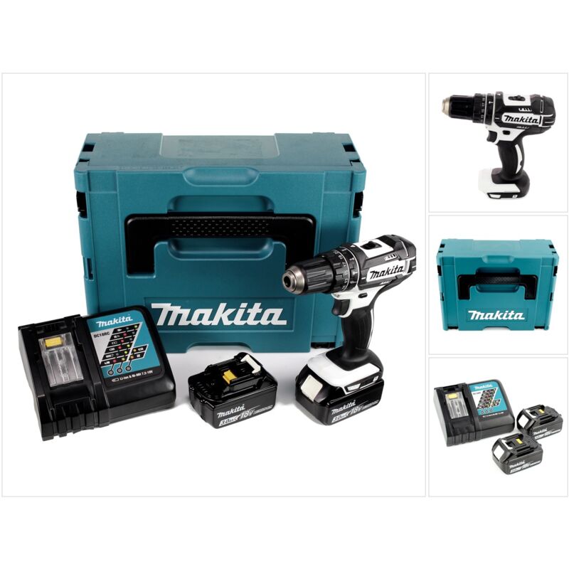 

Makita - DHP 482 RFJW Taladro combinado de impacto inalámbrico 18 V Color blanco en maletín Makpac 2 + 2x Batería BL 1830 + Cargador DC 18 RC