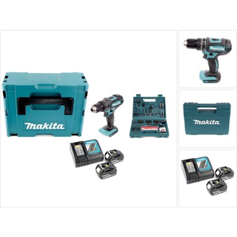 Makita DHP 482 RTJ - Perceuse à percussion sans fil 18 V Li-Ion dans Makpac + 2 batteries 5,0 Ah + chargeur + Makita B-53811 jeu d'embouts et de forets 100 pièces