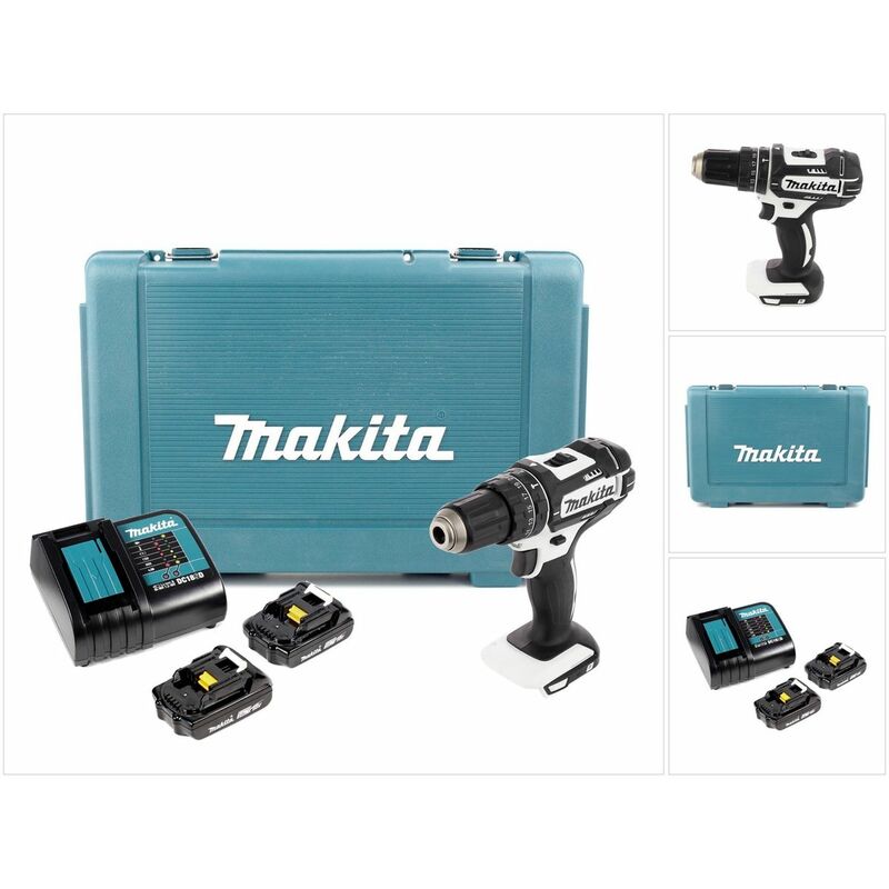 

Makita DHP 482 SAEW Taladro combinado de impacto inalámbrico 18 V Color blanco en maletín de transporte + 2x Batería BL 1820 + Cargador DC 18 SD