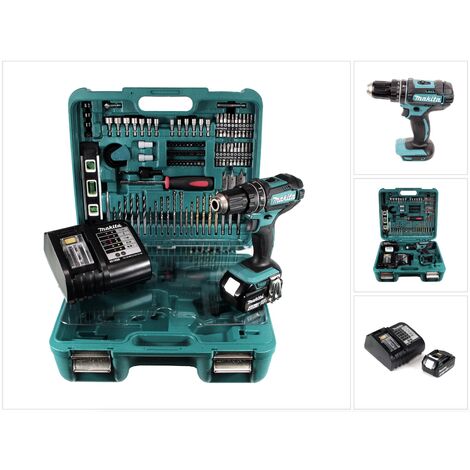 Makita DHP 482 SMTK Taladro combinado de impacto inalámbrico 18 V en maletín de transporte con 101 accesorios + 1x Batería BL 1840 B + Cargador DC 18 SD