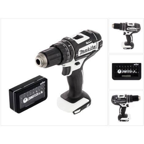 Makita DHP 482 ZW Taladro combinado de impacto inalámbrico 18 V Color blanco + Juego de puntas Wiha 31 piezas Dinotech Edition