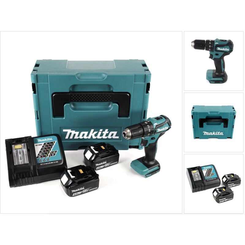 Makita DHP 483 RMJ 18 V Li-Ion Brushless Perceuse visseuse à percussion sans fil avec boîtier Makpac + 2x Batteries BL 1840 4,0 Ah + Chargeur DC18RC