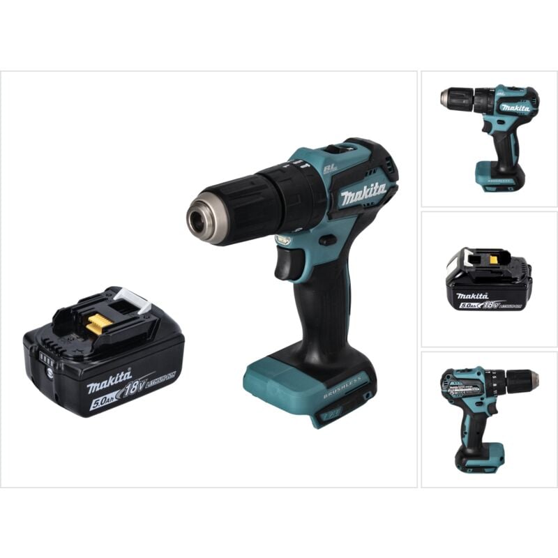 Dhp 483 T1 Perceuse-visseuse à percussion sans fil 18 v 40 Nm Brushless + 1x Batterie 5,0 Ah - sans chargeur - Makita
