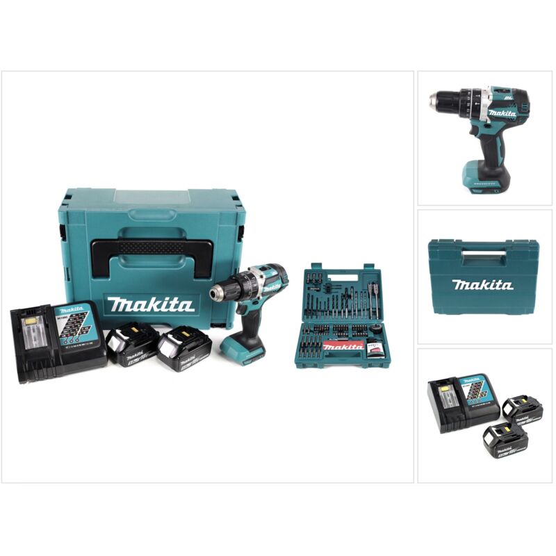 Makita DHP 484 RTJ 18V Brushless Li Ion Perceuse visseuse à percussion sans fil + Coffret de transport Makpac + 2x Batteries 5 0 Ah + Chargeur + 100 pièces de Faises et Trépans pour perceuse Makita B 53811