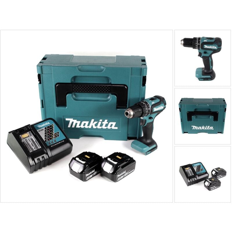 Dhp 485 rmj Perceuse visseuse à percussion sans fil 18 v Li-Ion + 2x Batteries 4,0 Ah + Chargeur + Coffret - Makita