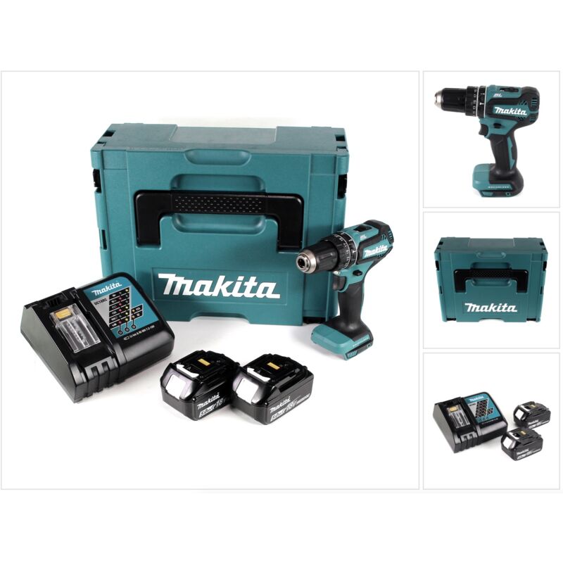 

Makita DHP 485 RTJ Taladro percutor a batería 18V en Makpac 2 + 2x Batería BL1850 5,0 Ah + Cargador DC 18 RC