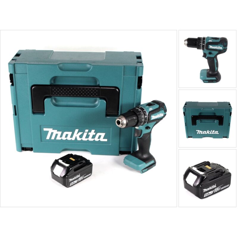 Dhp 485 T1J Perceuse visseuse à percussion sans fil 18 v Li-Ion + 1x Batterie 5,0 Ah + Coffret de transport - sans chargeur - Makita