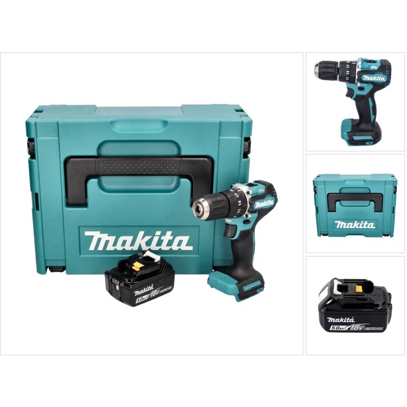 Dhp 487 T1J Perceuse-visseuse à percussion sans fil 18 v 40 Nm Brushless + 1x Batterie 5,0 Ah + Makpac - sans chargeur - Makita