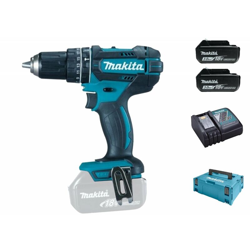 

Makita DHP482RFJ Li-Ion 18V Taladro combinado a baterías set (2x baterías de 3.0 amperios ) en maletín Makpac