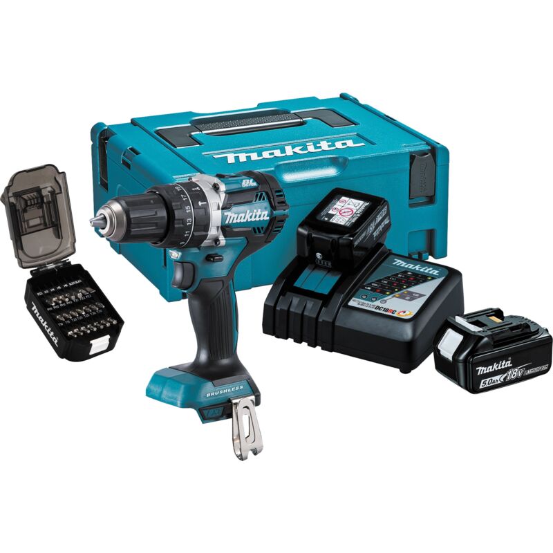 Makita DHP484 18v LXT Cordless Brushless Combi Drill 2 x 5ah Li-ion Charger Case & 21 Accessories