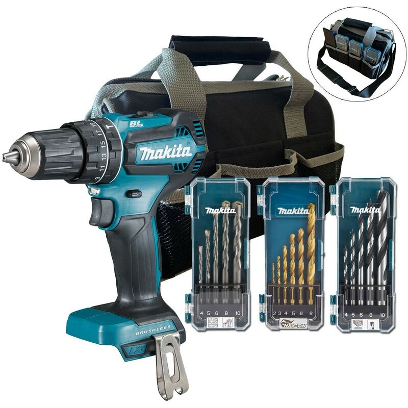 DHP485Z 18V lxt Brushless Combi Hammer Drill Bare + Bag + 16PC Bit Set - Makita