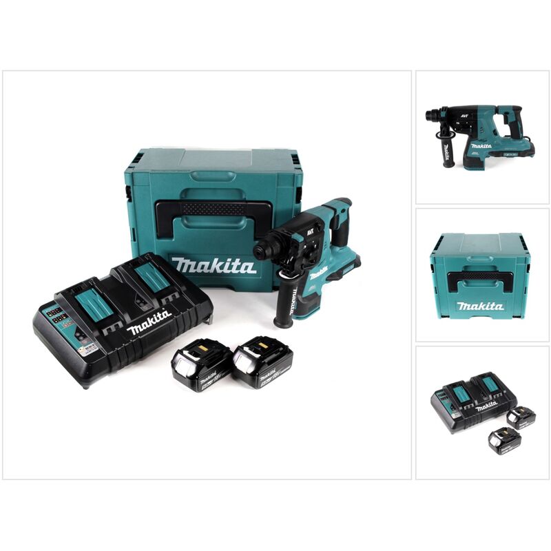 Makita DHR 280 PTJ 2 batterie Li-Ion da 18 V 36 V Martello perforatore brushless da 28 mm per SDS-PLUS in Makpac + 2 batterie da 5,0 Ah + doppio