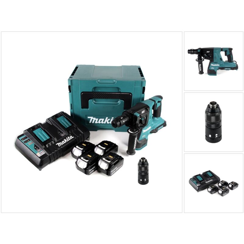 

DHR 281 PG4J Martillo a batería 2x18V / SDS-Plus en Makpac 3 + 4x Batería BL1860 6,0 Ah + Cargador doble DC18RD - Makita