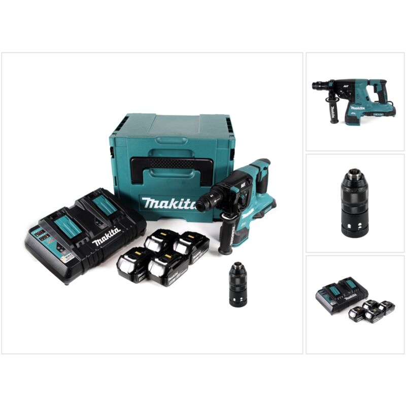 Makita DHR 281 PT4J Tassellatore a batteria 2x 18 V / SDS-PLUS in valigetta Makpac + 4x Batterie BL 1850 B 5,0 Ah + 1x Caricabatterie doppio DC 18 RD