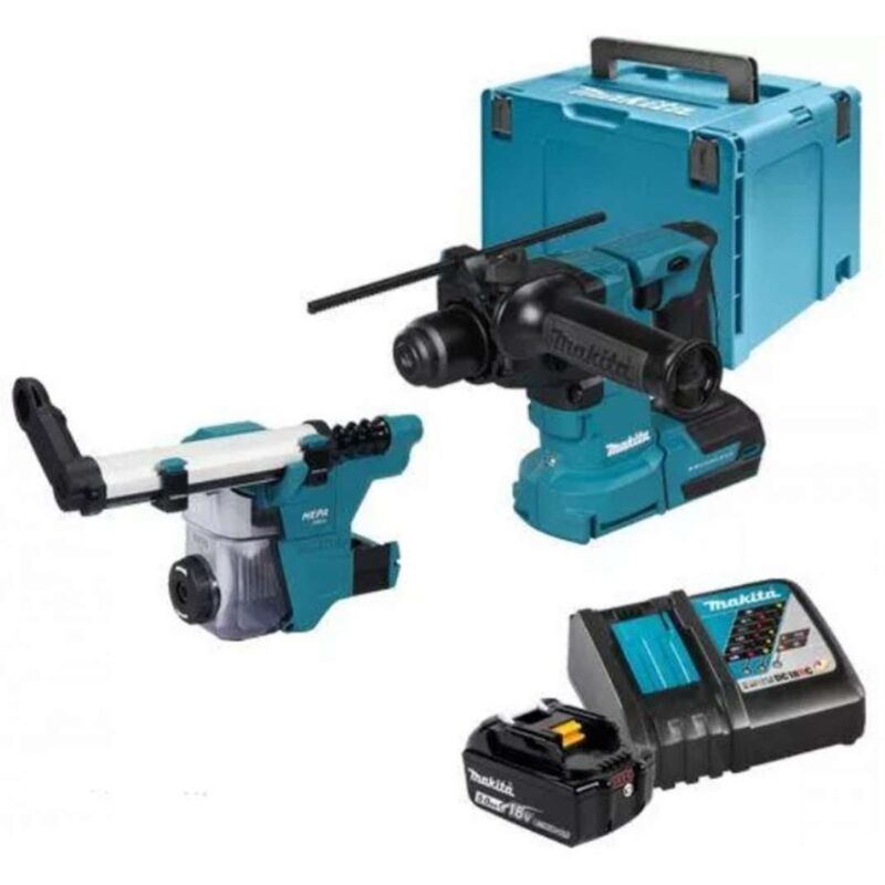 Makita - Martello combinato a batteria DHR183RTWJ, 18V sds-plus 2x 5,0 Ah + caricabatterie con aspiratore DX16