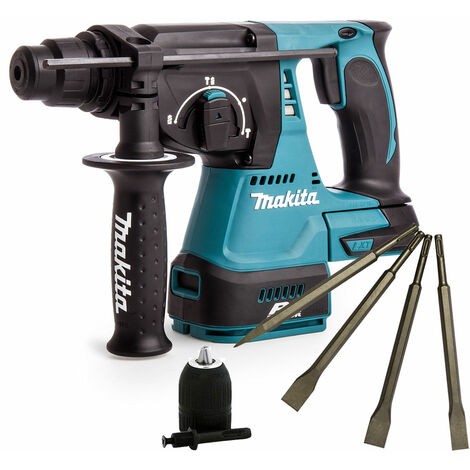 Makita DHR242Z 18V Brushless Hammer Drill & 4 Piece Chisel Set + Keyless Chuck