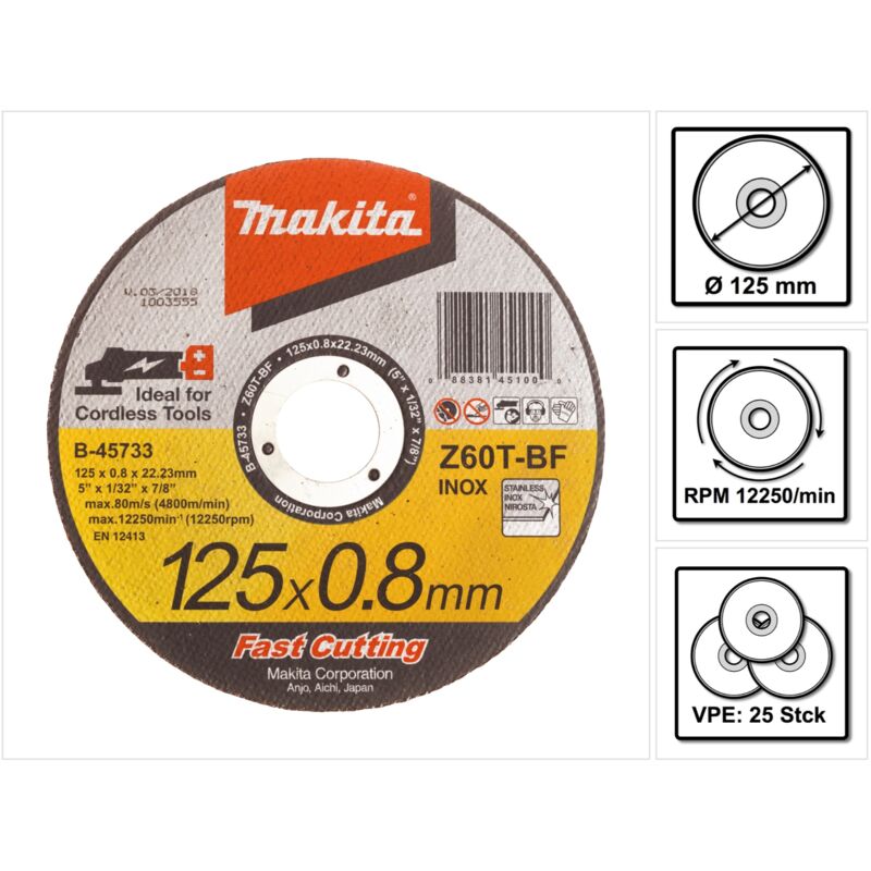 

Makita - Disco de corte Fast Cutting 125 x 0,8 x 22,23 mm - 25 unidades ( B-45733 ) para INOX acero y acero inoxidable