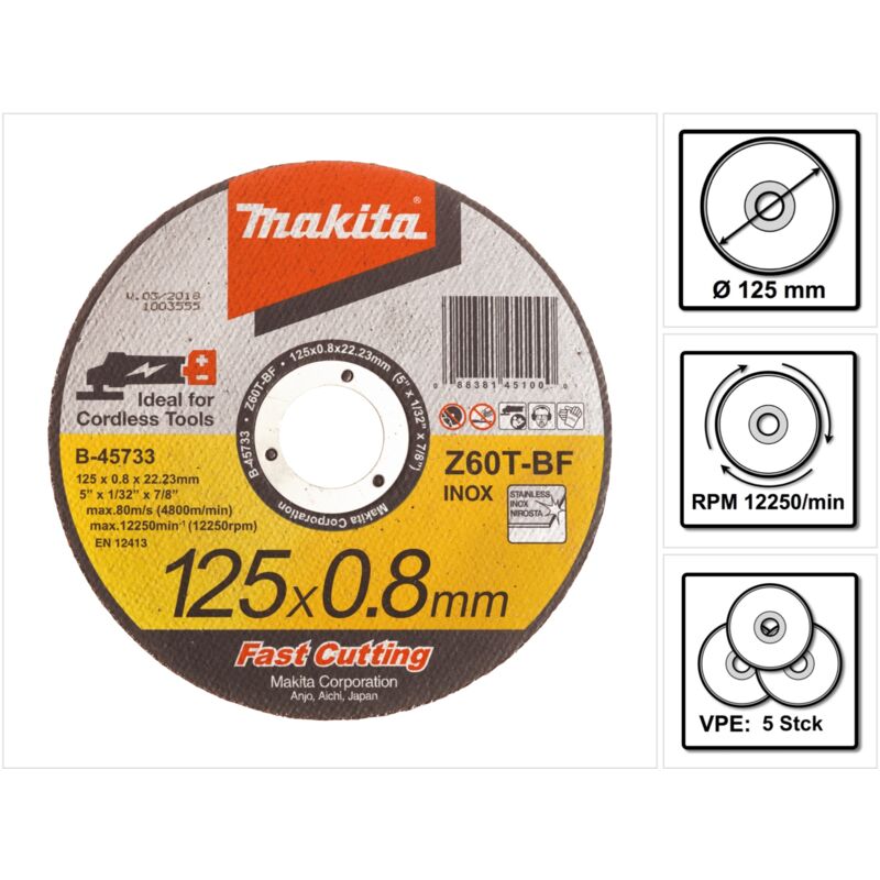 

Makita Disco de corte Fast Cutting 125 x 0,8 x 22,23 mm - 5 unidades ( B-45733 ) para INOX acero y acero inoxidable