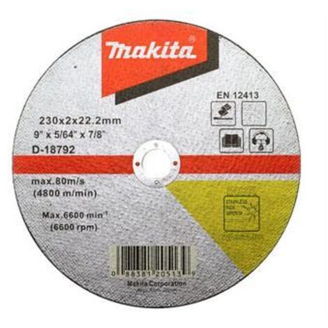 Makita Disco de Corte INOX D-18792 WA36R 230 x 2 mm, herramienta profesional para cortes en acero inoxidable, diseño reforzado, alta resistencia, grano abrasivo especializado, color metálico