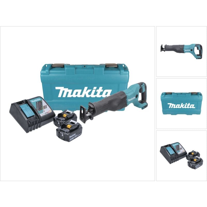 Makita DJR 186 RFK 18V Seghetto diritto a batteria in valigetta Stanley + 2x Batterie BL 1830 3,0 Ah + Caricabatterie rapido DC 18 RC
