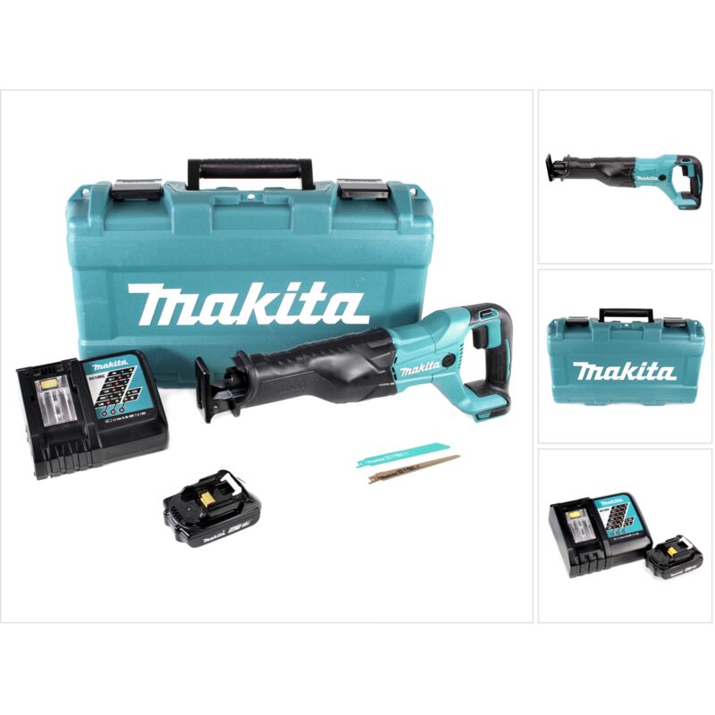 Makita DJR 186 RY1K 18 V Seghetto diritto a batteria in valigetta da trasporto + 1x Batteria BL 1820 2,0 Ah + Caricabatterie rapido DC 18 RC