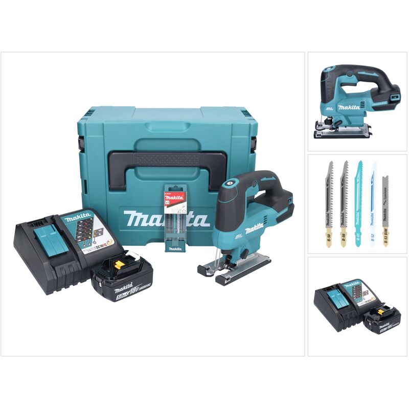 Djv 184 RT1J Scie sauteuse sans fil 18 v Brushless + 1x batterie 5,0 Ah + chargeur + 5 pcs. set de lames de suture + Makpac - Makita