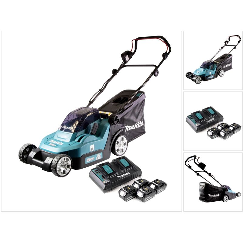 Dlm 432 PG4 Tondeuse à gazon sans fil 36 v (2x 18 v) 43 cm brushless + 4x Batteries 6.0 Ah + Chargeur double - Makita