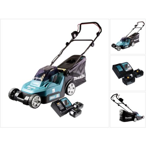 Makita DLM 432 RF2 36 V ( 2x 18 V ) tosaerba a batteria da 43 cm senza spazzole + 2x batteria da 3,0 Ah + caricabatterie + caricabatterie