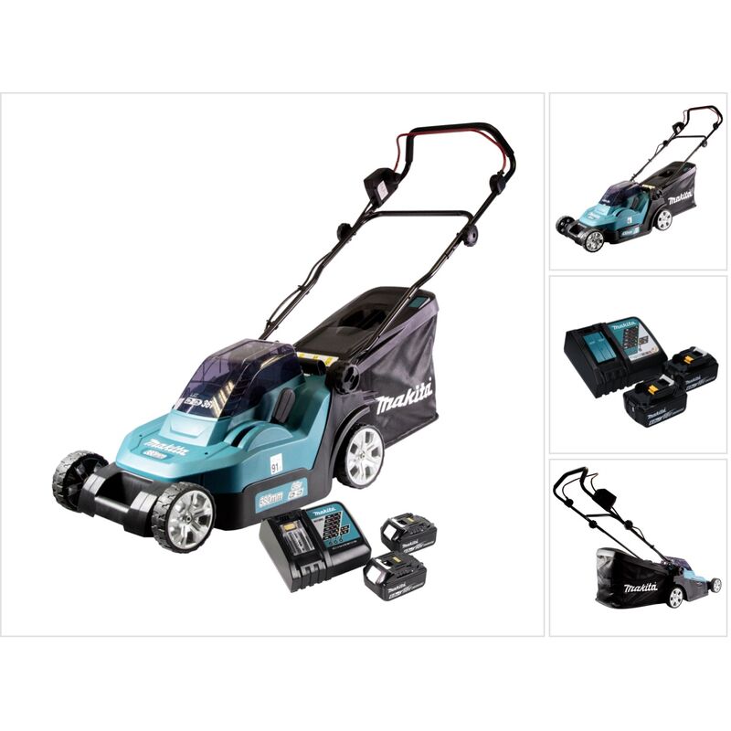 Makita DLM 432 RG2 tondeuse à gazon sans fil 36 V ( 2x 18 V ) 43 cm sans balai + 2x batterie 6,0 Ah + chargeur + chargeur de batterie