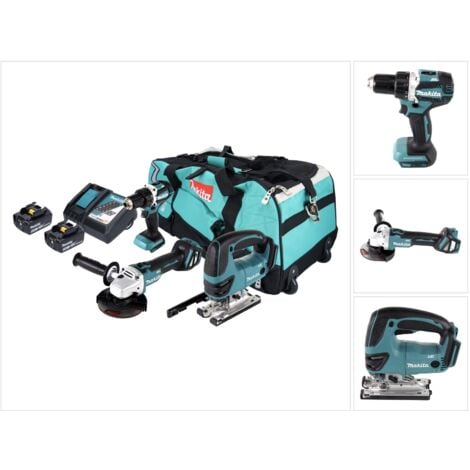 Makita DLX 3152 TX1 Akku Kombo Kit 18 V DDF 484 + DGA 511 + DJV 180 + 2x Akku 5,0 Ah + Ladegerät + Tasche