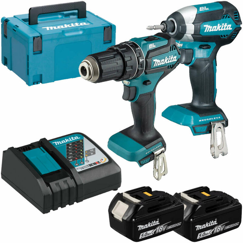 Image of Makita DLX2283TJ Cordless 18v LXT Brushless Twin Kit Combi Drill, Impact Driver With 2x5.0Ah Batteries, Charger And MAKPAC Case