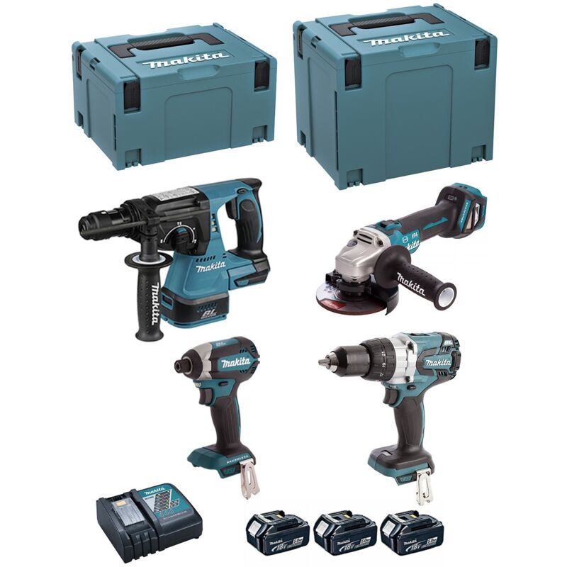 Makita - Kit DLX4104TJ1 (DHP481 + DHR243 + DTD153 + DGA513 + 3 x 5,0 Ah + DC18RC + makpac 3 + makpac 4)