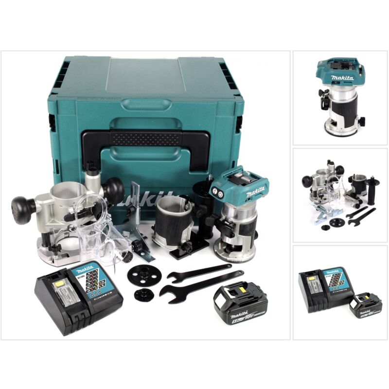 

Makita DRT 50 RT1JX2 Fresadora multifunción a batería 18V en maletín Makpac 4 + 1x Batería BL 1850 + Cargador DC 18 RC
