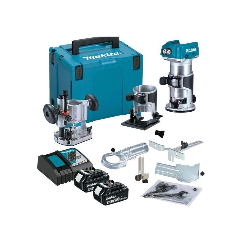 Makita - DRT50RTJX2 18V Brushless Router Trimmer With Bases & 2x 5Ah Batteries