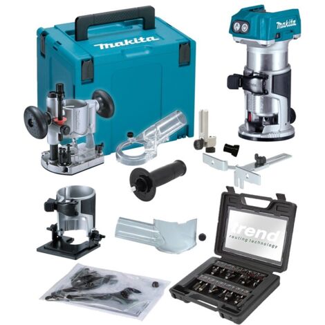 Makita DRT50ZJX2 18v Cordless Brushless Router Trimmer + Plunge Base + Trend Set
