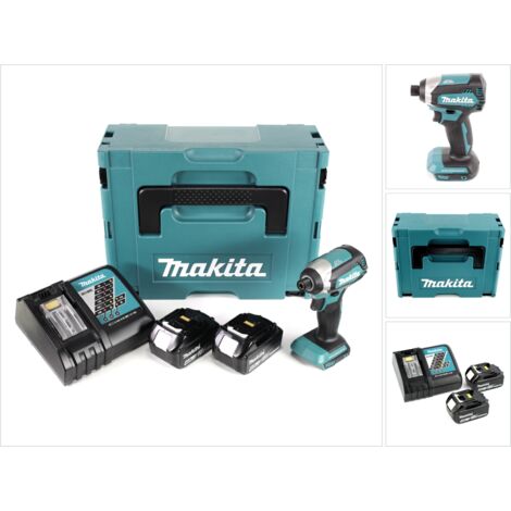 Makita DTD 153 RMJ 18V Brushless Visseuse à choc sans fil + Boîter Makpac + 2x Batteries BL 1840 4,0 Ah Li-Ion + Chargeur DC 18 RC