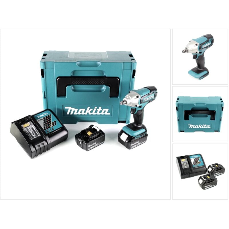 Dtw 190 rfj 18V Li-Ion Boulonneuse à chocs sans fil avec boîtier Makpac + 2x Batteries bl 1830 3,0 Ah + Chargeur rapide dc 18 rc - Makita