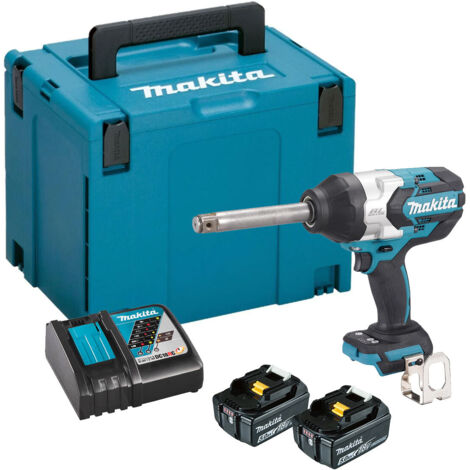 Makita DTW1005RTJ 18V LXT 3/4inch Square Drive Brushless Impact Wrench with Long Anvil - 2x 5Ah Batteries, Charger & Makpac 4 Case