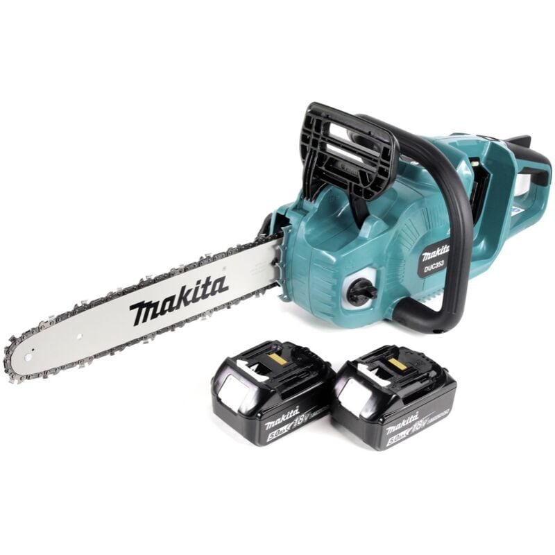 Makita DUC 353 T2 Tronçonneuse à chaîne sans fil 36V ( 2x18V ) Brushless 35 cm + 2x 5,0 Ah batterie - sans chargeur