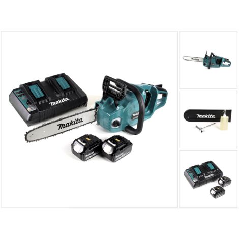 Makita DUC 355 PG2 Tronçonneuse à chaîne sans fil 36V ( 2x18V ) Brushless 35 cm + 2x 6,0 Ah batterie + chargeur double