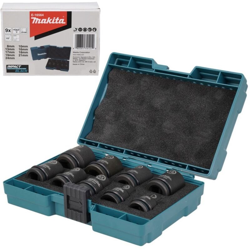 Makita - E-16564 9 Piece Impact Black Socket Set 1/2'' Sq Drive Metric + Pin + Case