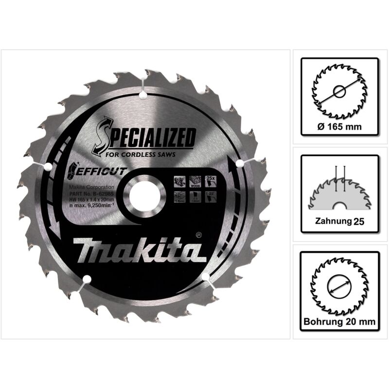 

Makita EFFICUT Hoja de sierra circular para madera 165 x 20 x 1,4 mm 25 dientes ( B-62985 )