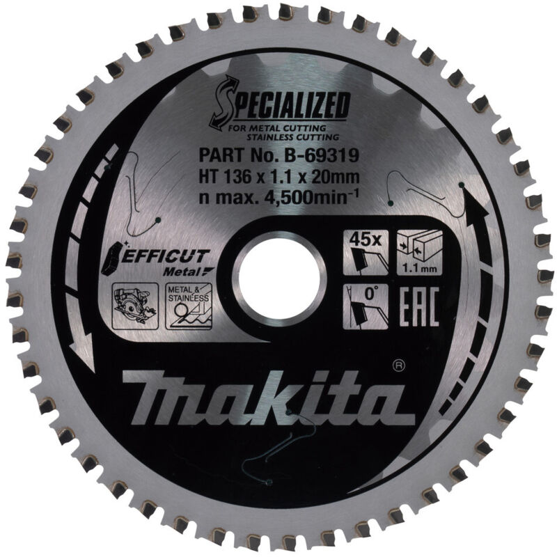 Lame carbure ''Specialized'' Inox et Métal MAKITA B 69319 pour scies circulaires à métaux à batterie 136 mm x 20 mm