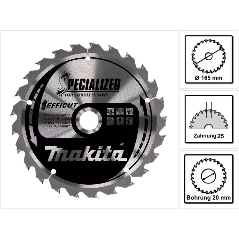 Efficut Lame de scie circulaire pour Bois 165 x 20 x 1,4 mm 25 Dents ( B-62985 ) - Makita