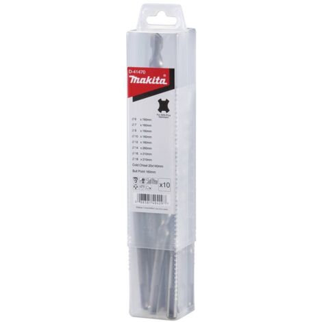 Makita – Foret béton SDS-Plus 10 pièces D41470 – 8 forets 6/7/8/10/12 x 160 mm – 1 foret 14 x 260 mm – Ciseau pointu 160 mm - W066481
