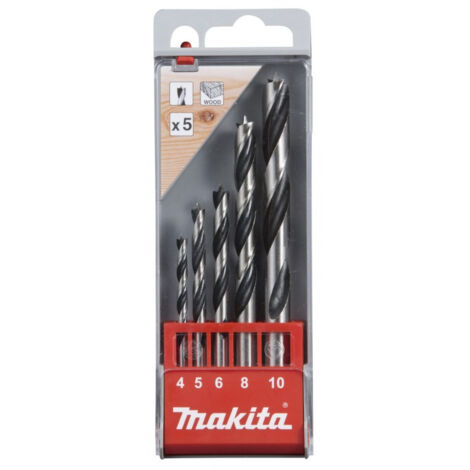 Makita – Forets à bois cylindriques 5 pièces 4-10mm – Acier poli avec point de centrage – Pour perçage précis – D57211