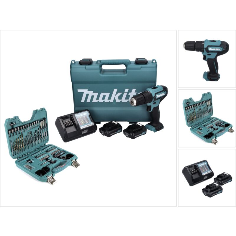 Hp 333 dwae Perceuse à percussion sans fil 12 v 30 Nm + 2x Batteries 2,0 Ah + Chargeur + Jeu de 100 forets + Mallette - Makita