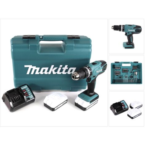 Makita HP 457 DWE 10 - 18 V Perceuse-Visseuse sans fil + 2 x Batteries 1,3 Ah + Chargeur + 74 pièces d'accessoires + Coffret
