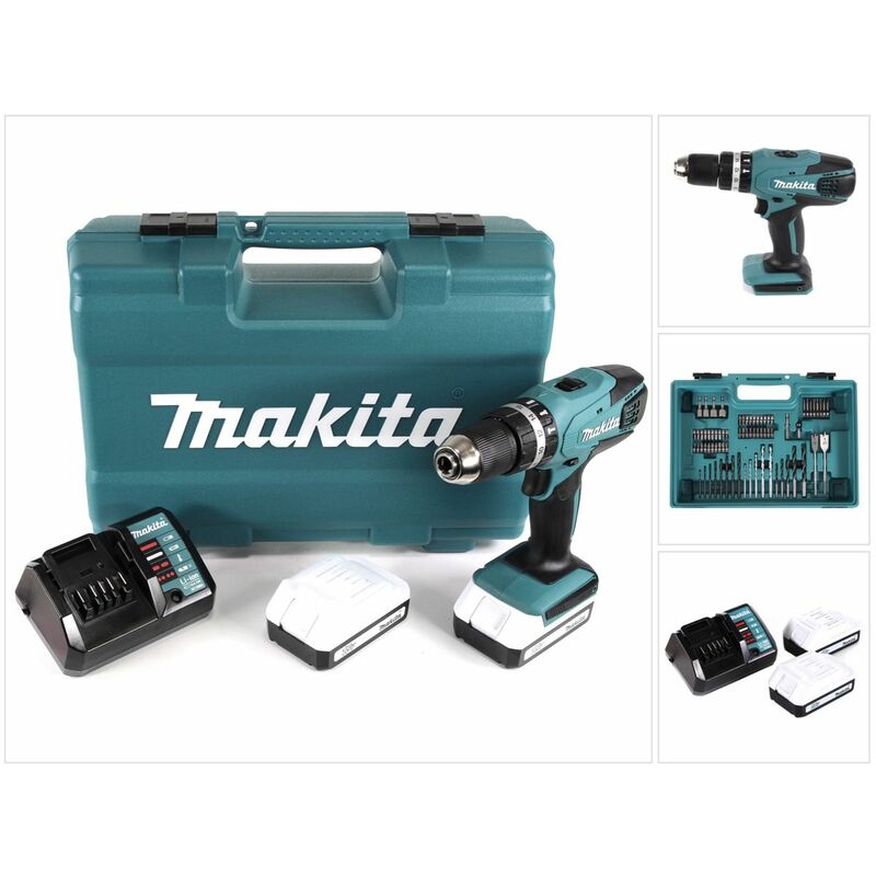 

Makita HP 457 DWE Taladro atornillador percutor a batería 18V + 2x Batería 1,3 Ah + Cargador + Set de accesorios 74 unidades